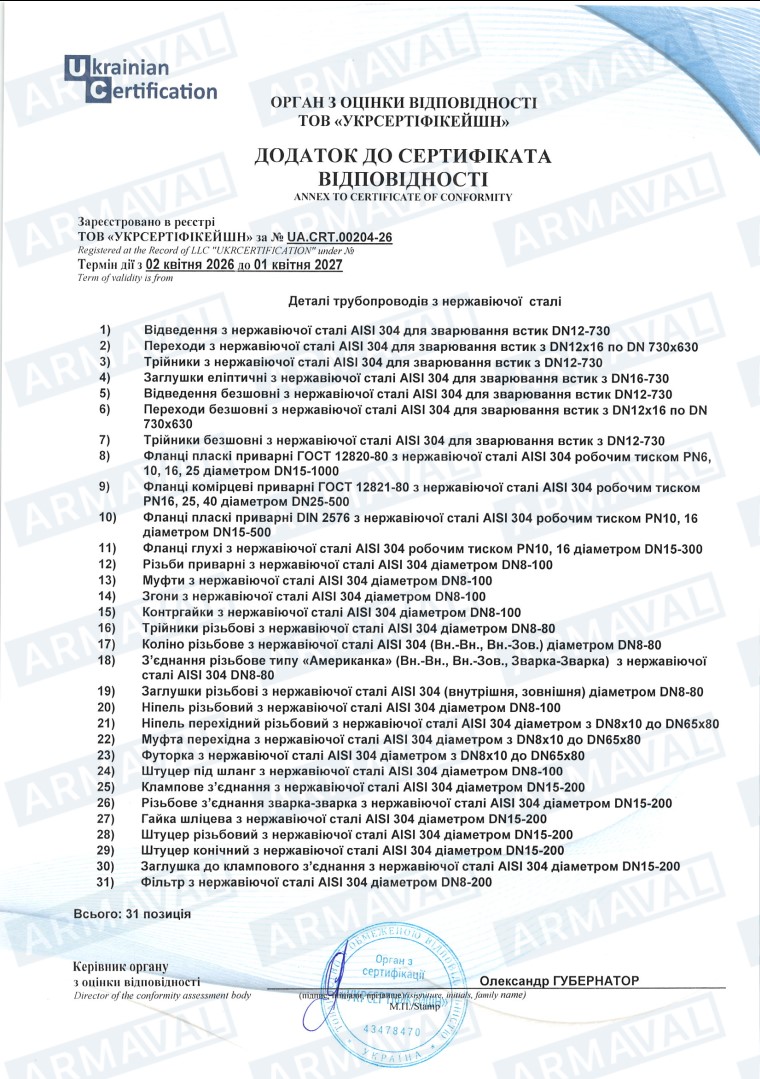 Додаток до сертифікату на деталі трубопроводів з нержавіючої сталі (зображення)